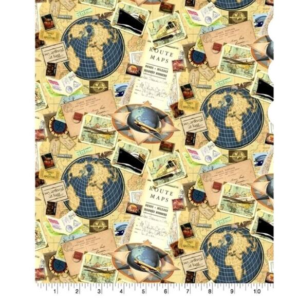 1 Yard Cut Fabric Kate Ward Thacker Bon Voyage 36x44” Travel Maps Postcards - Picture 1 of 1